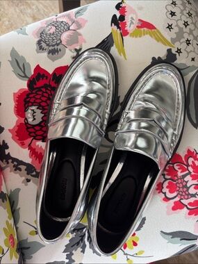 Silver Metallic Penny Loafers - Sleek Women’s Slip-On Flats